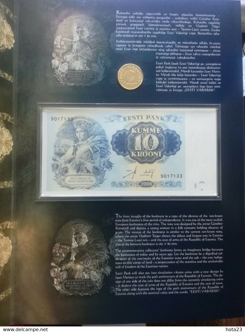 Estonia 10 Kroon P-90 2008 + 1 Kroon Coin 2008 In Folder 90 Years Independence - Estonia
