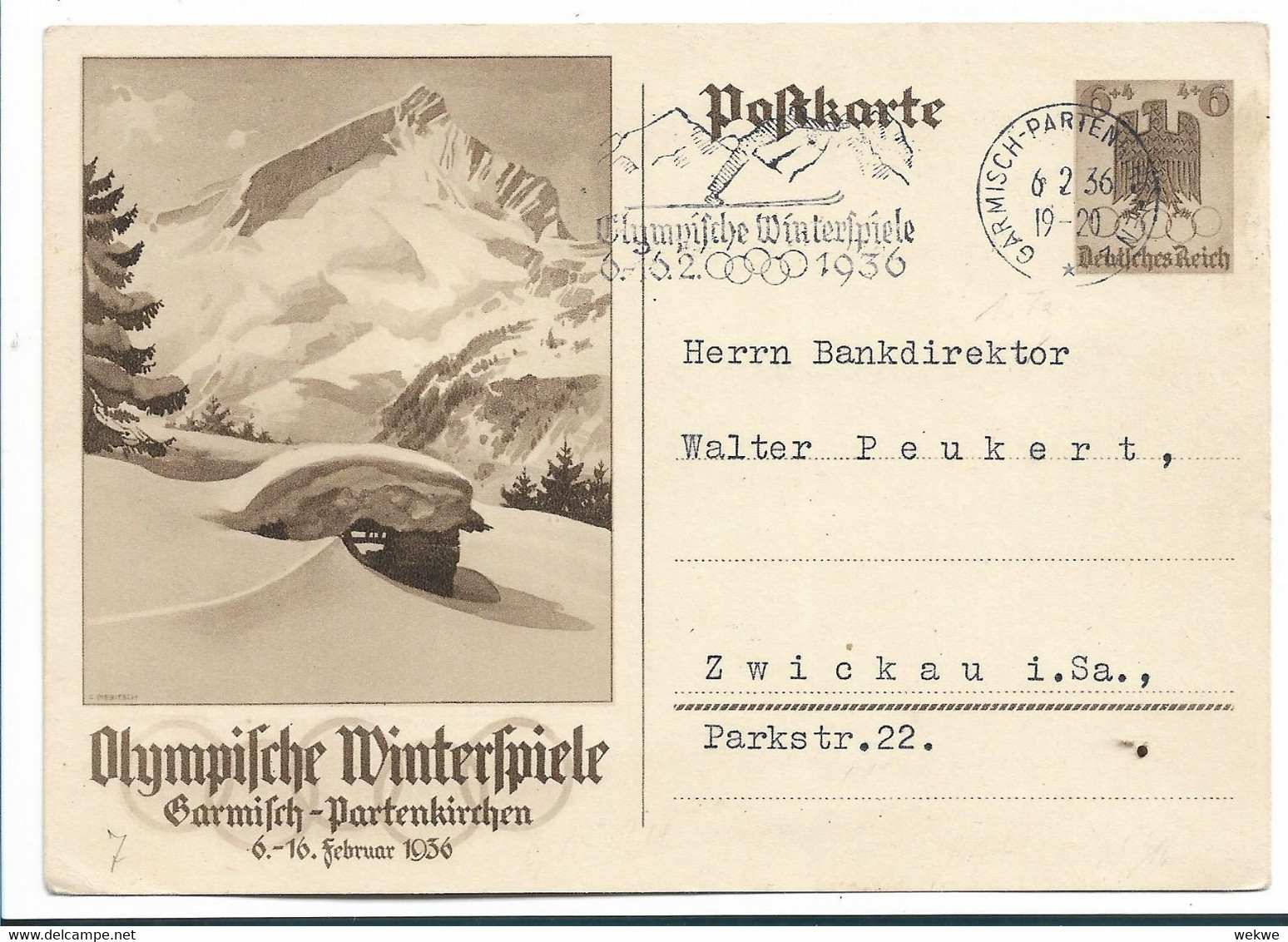 OYW005 / Winterolympiade 1936, Garmisch, Sonderentwertung 6.2., Dem Eröffnungstag Der Spiele - Inverno1936: Garmisch-Partenkirchen