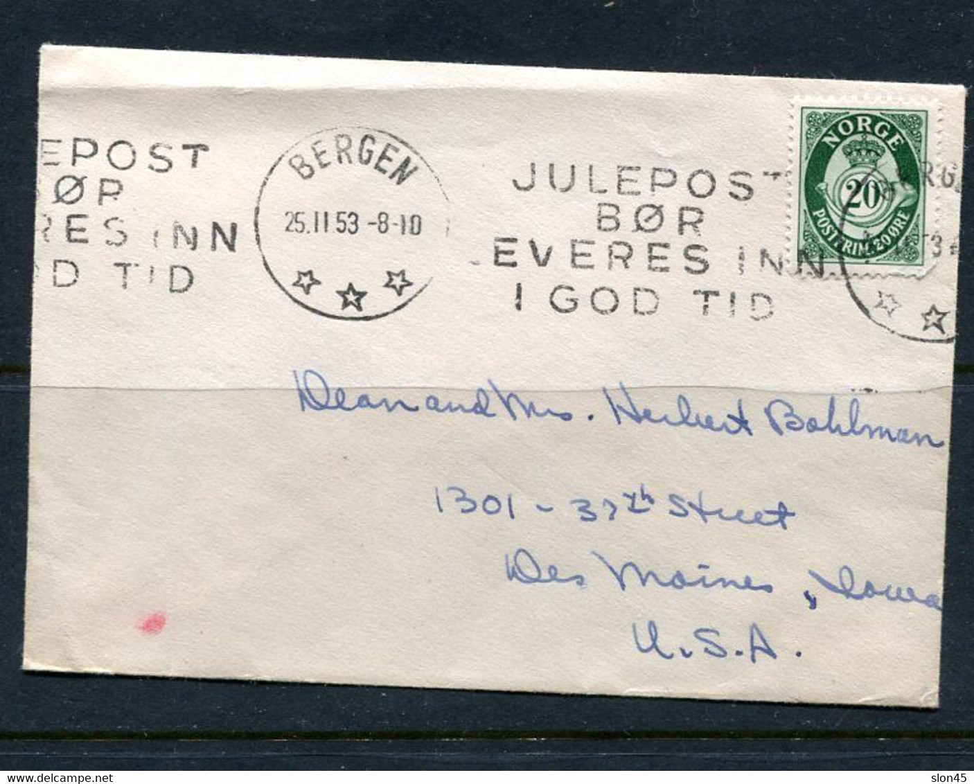 Norway 1953 Cover Bergen To USA  20 Ore 14421 - Covers & Documents