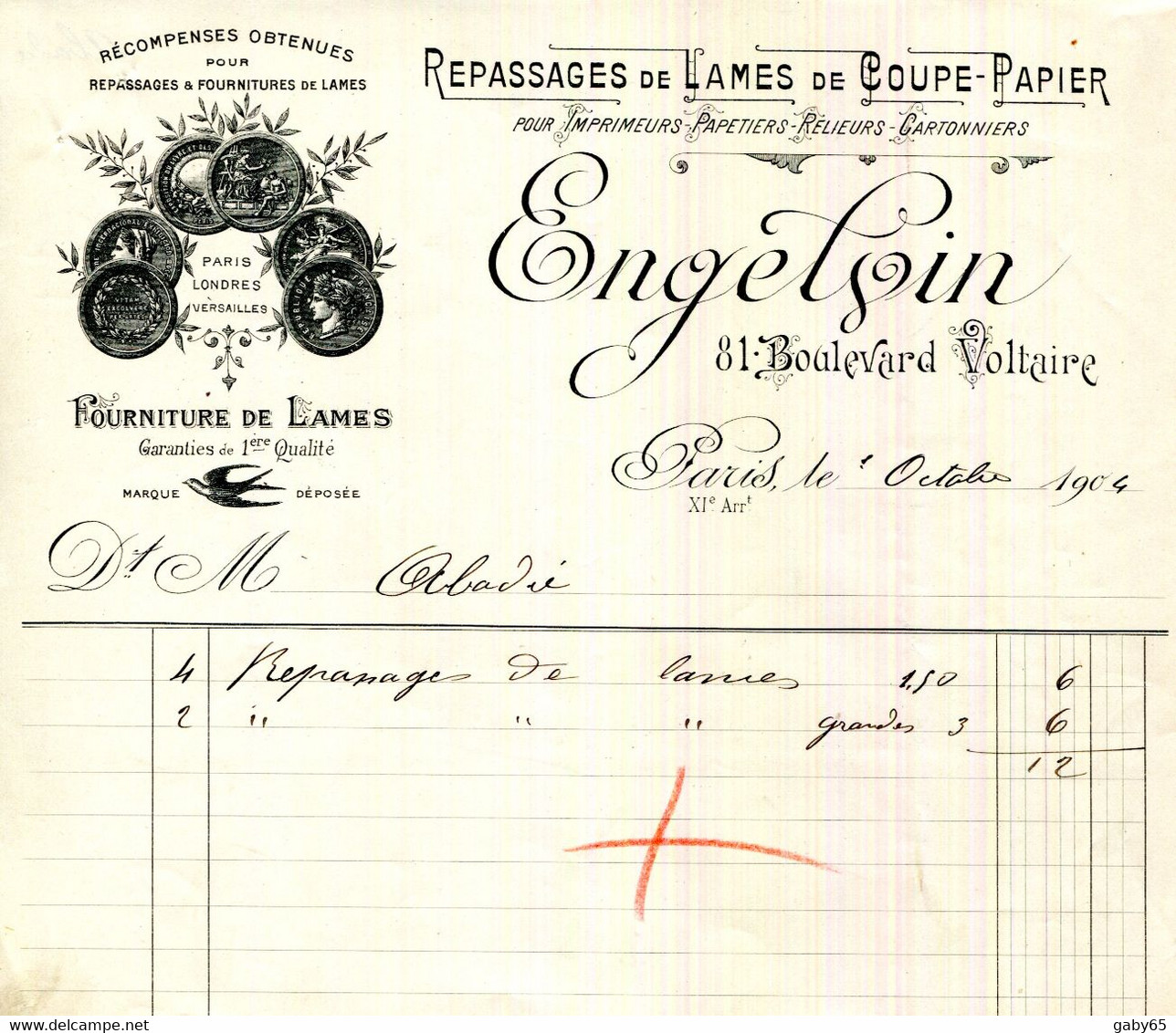 FACTURE.PARIS.REPASSAGEDE LAMES POUR COUPE PAPIER.ANGELVIN 81 BOULEVARD VOLTAIRE.2 PECES. - Printing & Stationeries