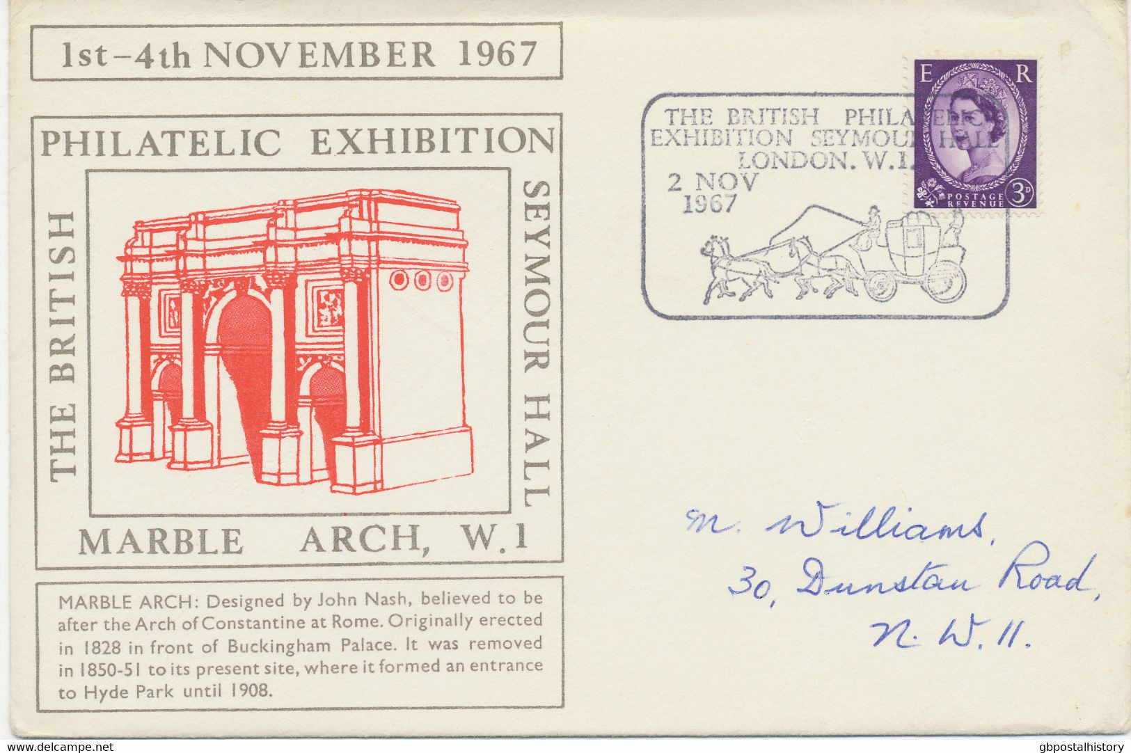 GB SPECIAL EVENT POSTMARKS PHILATELY 1967 The British Philatelic Exhibition Seymour Hall London W.I. - Coach To Left - Marcophilie