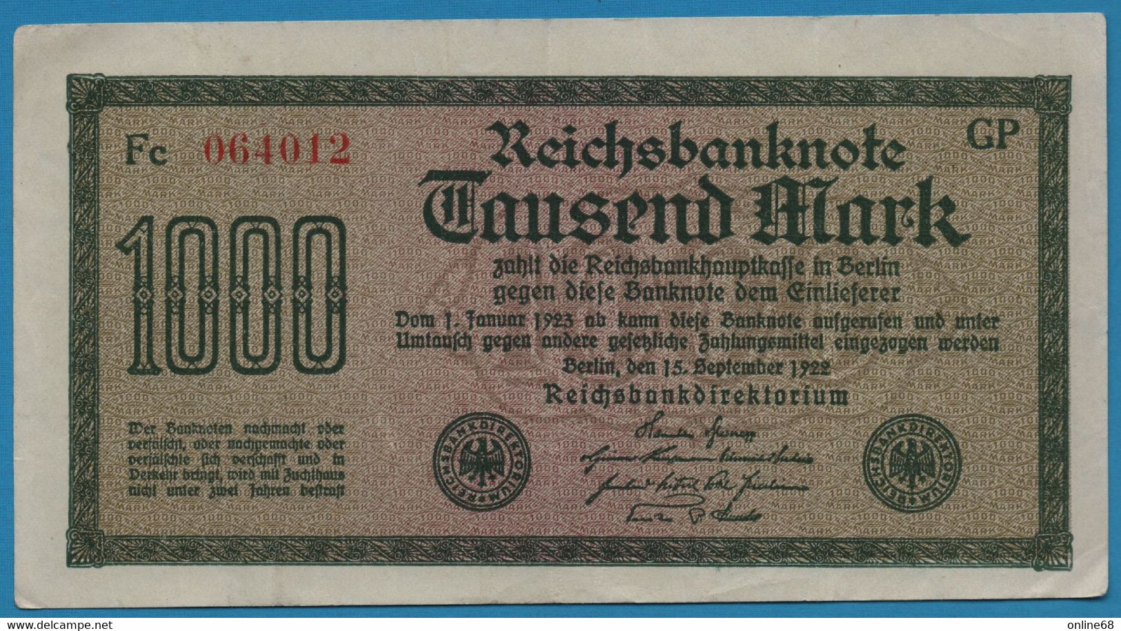 DEUTSCHES REICH 1000 MARK 15.09.1922 GP # FC 064012  P# 76g - 1.000 Mark