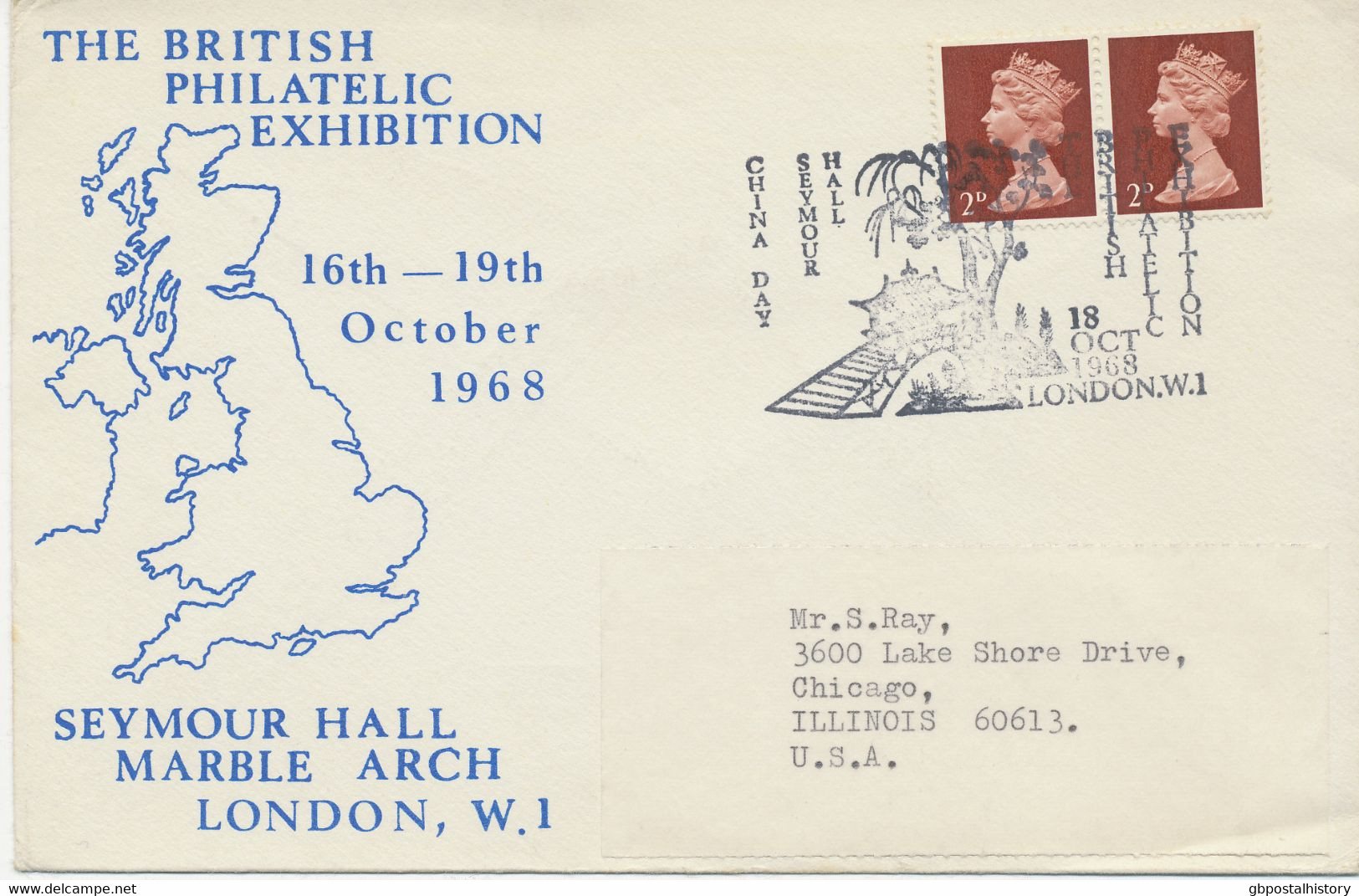 GB SPECIAL EVENT POSTMARKS PHILATELY 1968 The British Philatelic Exhibition Seymour Hall London W.I. - China Day To USA - Brieven En Documenten