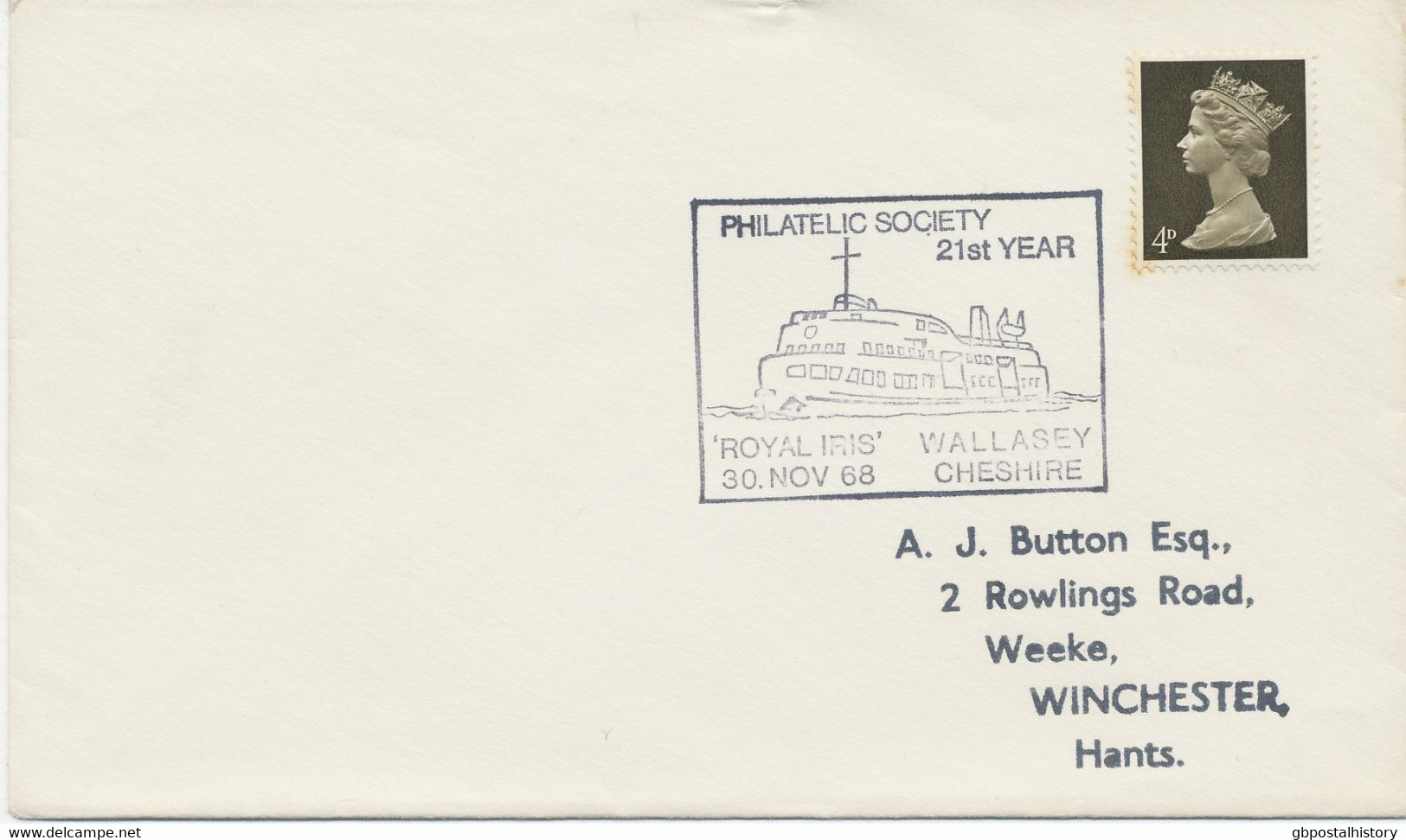 GB SPECIAL EVENT POSTMARKS PHILATELY 1968 Philatelic Society 21st Year 'Royal Iris' Wallasey Cheshire - Storia Postale