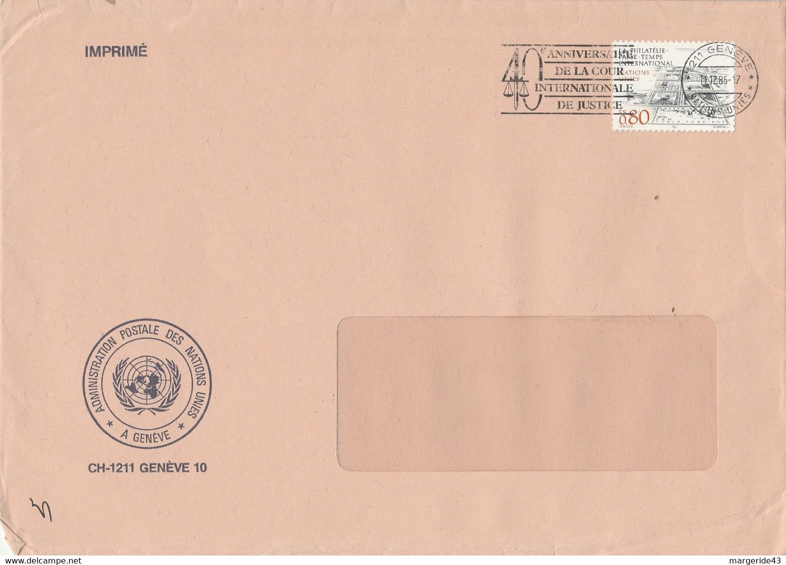 NATIONS UNIES GENEVE LETTRE POUR LA FRANCE 1986 - Brieven En Documenten