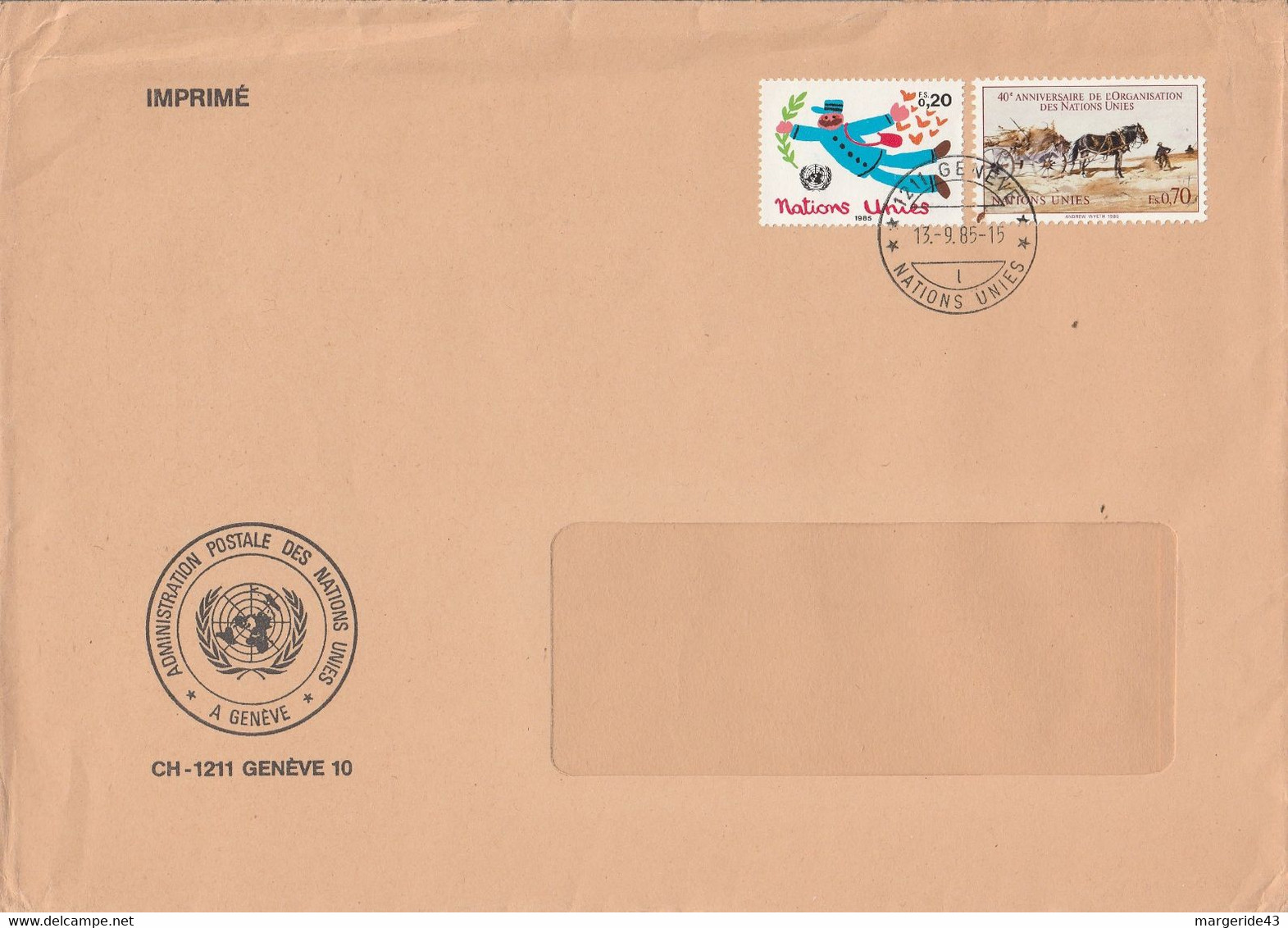 NATIONS UNIES GENEVE AFFRANCHISSEMENT COMPOSE SUR LETTRE POUR LA FRANCE 1985 - Lettres & Documents