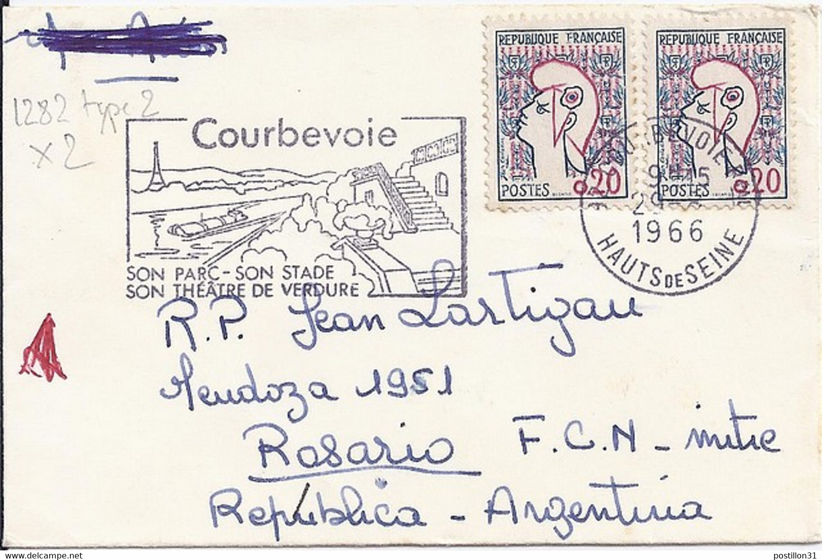 TYPE MARIANNE DE COCTEAU N° 1282 Type 2 X 2  SUR LETTRE DE COURBEVOIE / 29.3.1966 POUR ARGENTINE - 1961 Marianne Of Cocteau