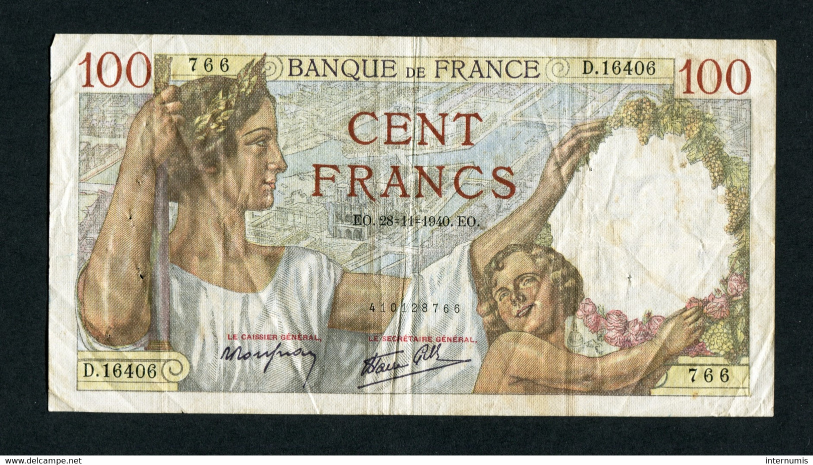 France, 100 Francs, SULLY, 28=11=1940, N° : D.16406-766, TB (F), F.26.41 - 100 F 1939-1942 ''Sully''