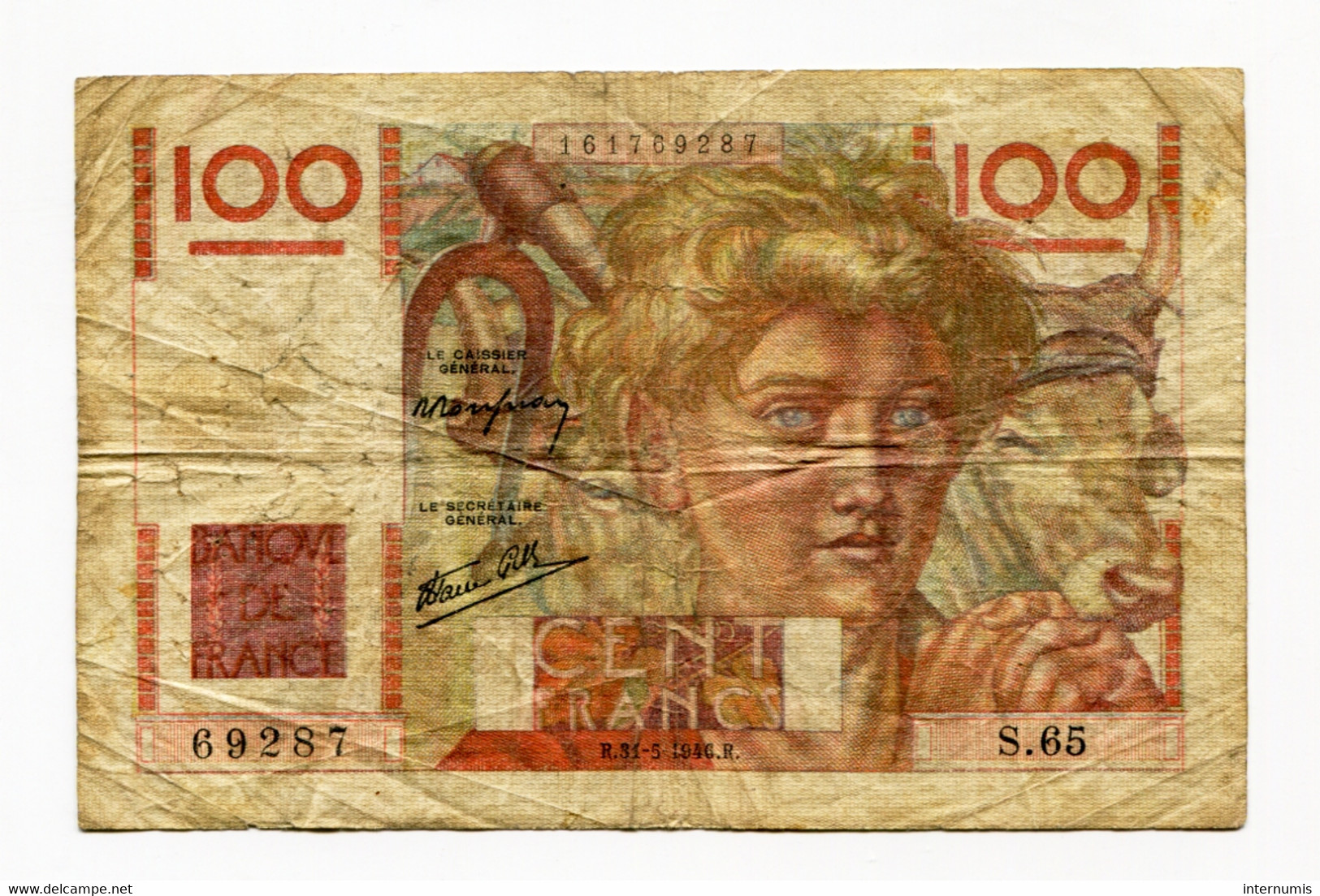 France, 100 Francs, JEUNE PAYSAN, 31-5-1946, N° : S.65-69287, B (VG), F.28.05 - 100 F 1945-1954 ''Jeune Paysan''