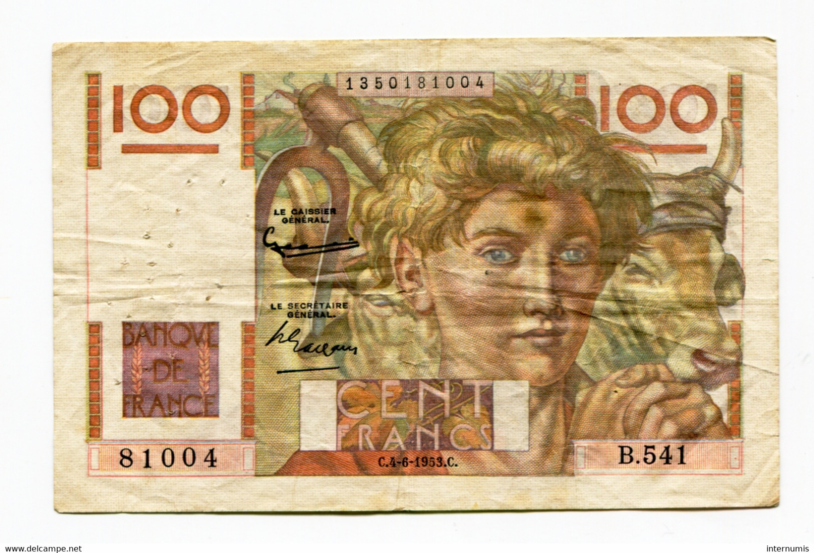 France, 100 Francs, JEUNE PAYSAN, 4-6-1953, N° : B.541-81004, TB (F), F.28.37 - 100 F 1945-1954 ''Jeune Paysan''