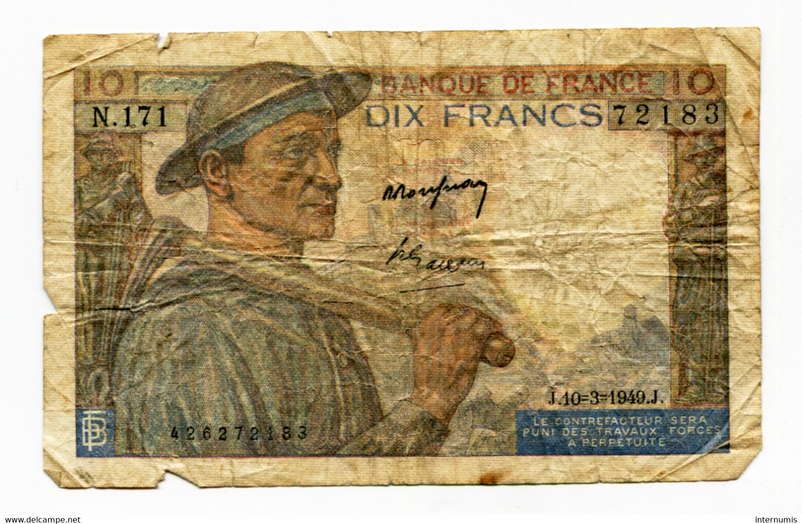 France, 10 Francs, MINEUR, 10=3=1949, N° : N.171-72183, AB (G), F.08.20 - 10 F 1941-1949 ''Mineur''