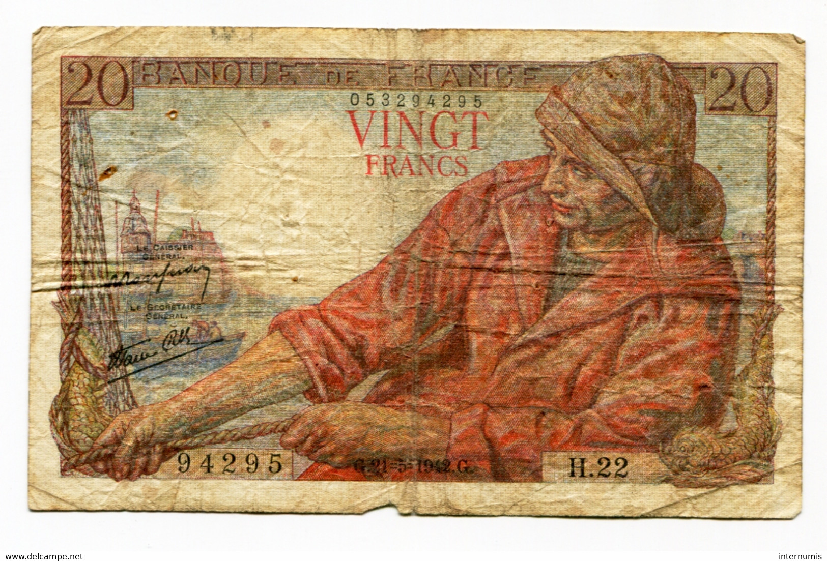 France, 20 Francs, PECHEUR, 21=5=1942, N° : H.22-94295, B (VG), F.13.02 - 20 F 1942-1950 ''Pêcheur''