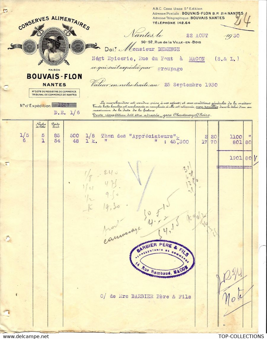 1930 ENTETE BOUVAIS  FLON à Nantes Loire Atlantique CONSERVES ALIMENTAIRES Pour Demenge à Macon Saone Et Loire B.E.V.SCA - 1900 – 1949