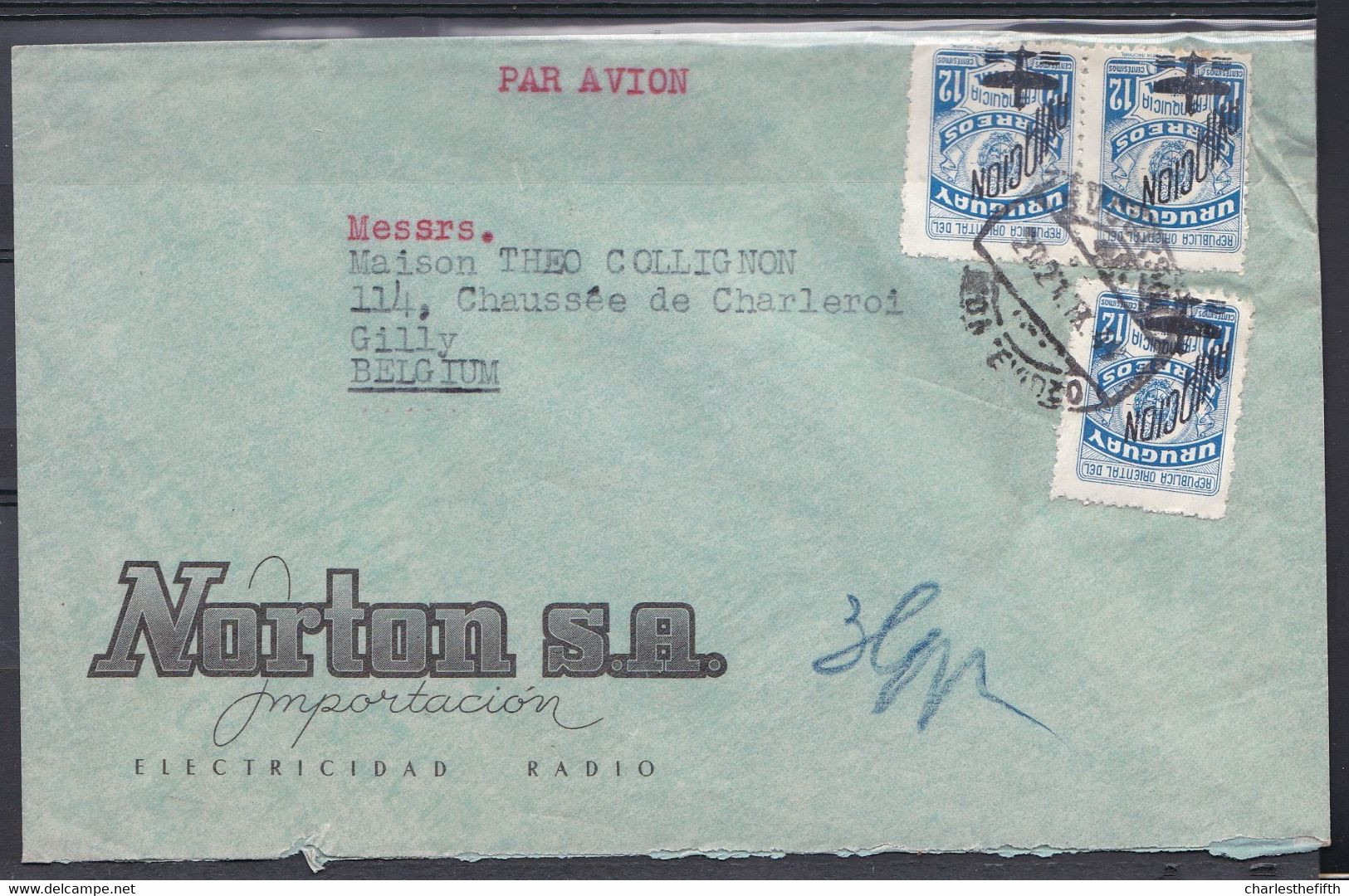 LETTRE MONTEVIDEO PAR AVION POUR GILLY ( Belgique ) NORTON SA ELECTRICITE - RADIO - VOIR SURCHARGE AVIACION - Uruguay