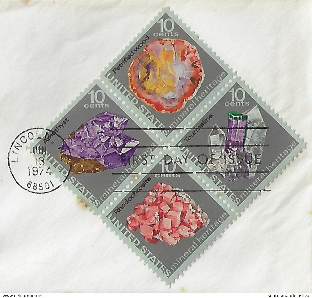 USA United States 1974 First Day Cover FDC Se-tenant Stamp Mineral Amethyst Petrified Stone Rhodochrosite Tourmaline - Minéraux