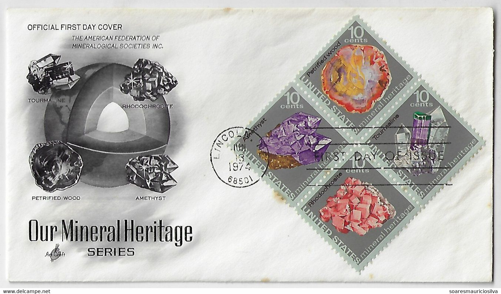 USA United States 1974 First Day Cover FDC Se-tenant Stamp Mineral Amethyst Petrified Stone Rhodochrosite Tourmaline - Minéraux