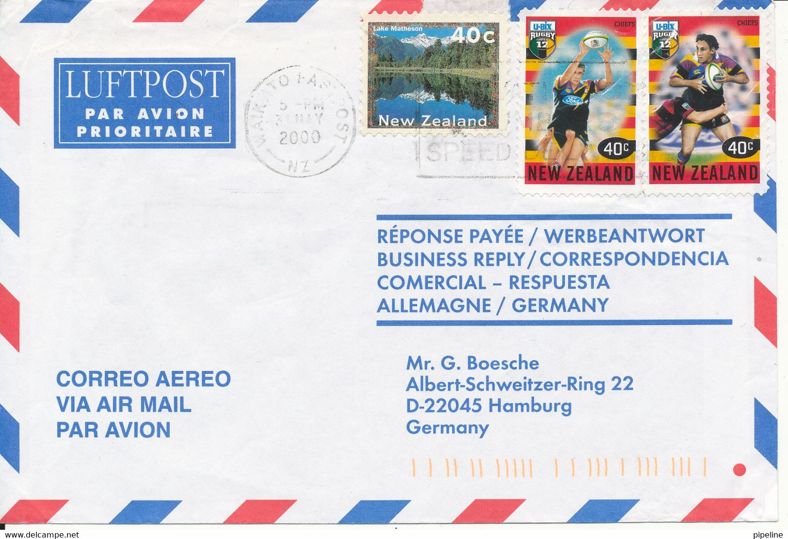 New Zealand Air Mail Cover Sent To Germany 31-5-2000 - Luchtpost