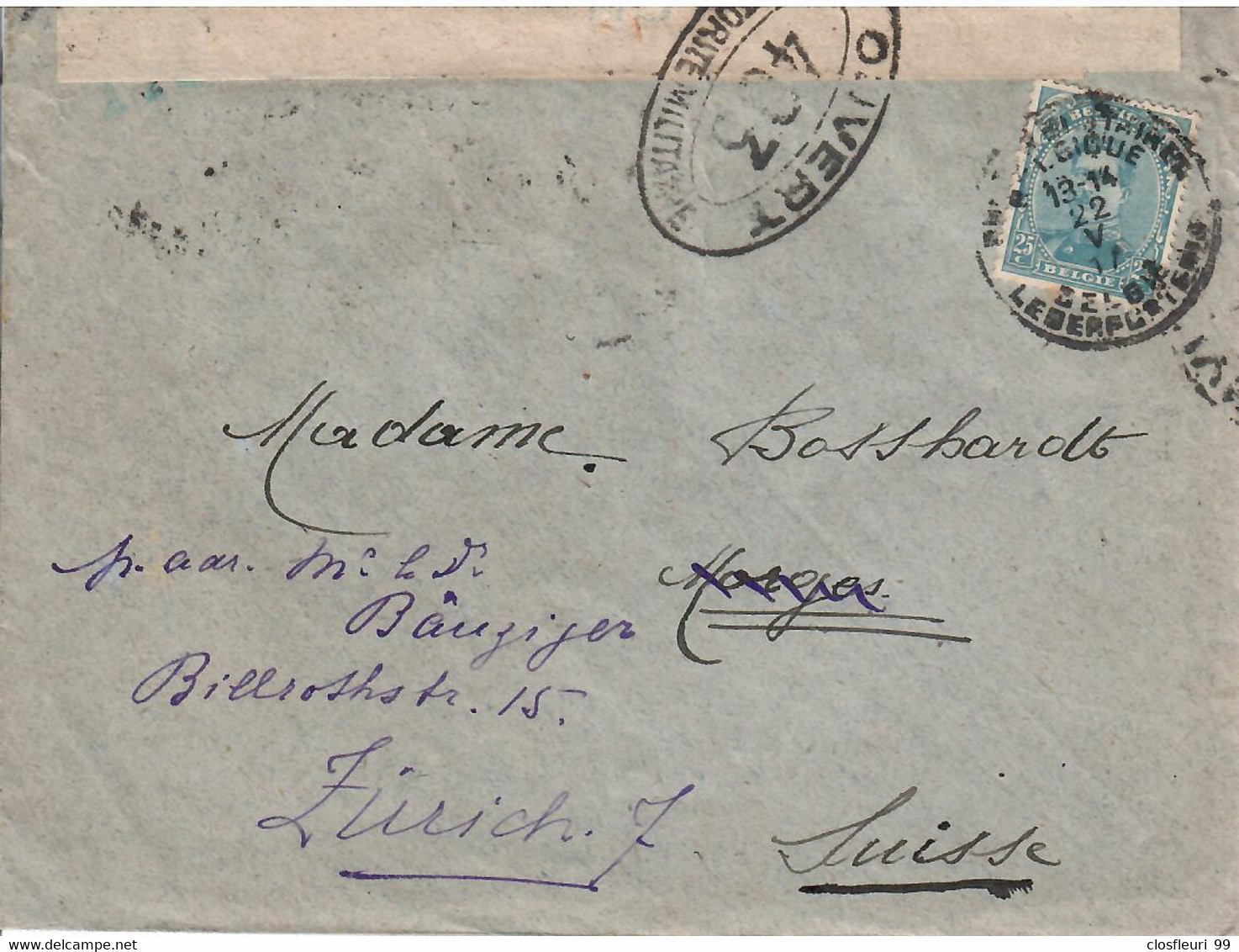 Censure, Lettre 1917, Ouvert 403, Contrôle Postale Militaire, Zürich - Marques D'armées