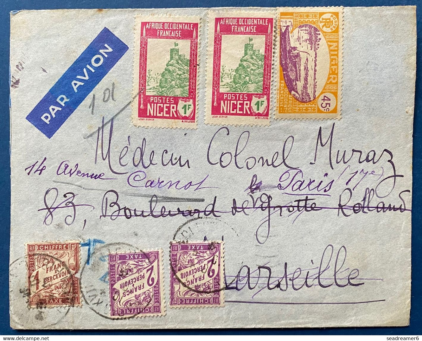 Lettre Niger 1936 N°40 & 45 X2 Pour MARSEILLE Puis Reexpedié à PARIS & Taxé Une 2 Fois !!  Au Dos TTB - Briefe U. Dokumente