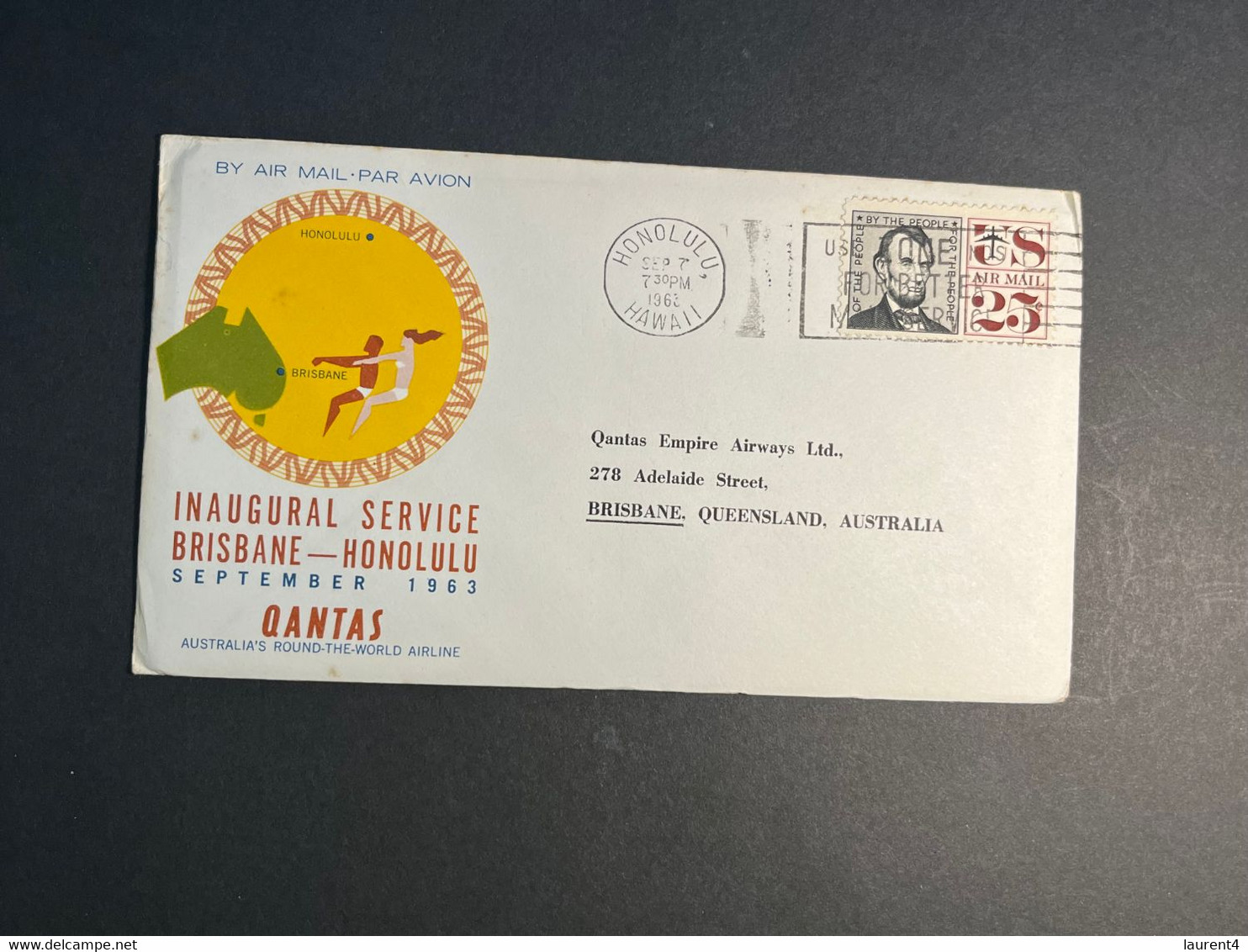 (3 N 4) AUSTRALIA - QANTAS Airline Honolulu To Brisbane Service - First Flight - 8th Sept 1963 - Primeros Vuelos