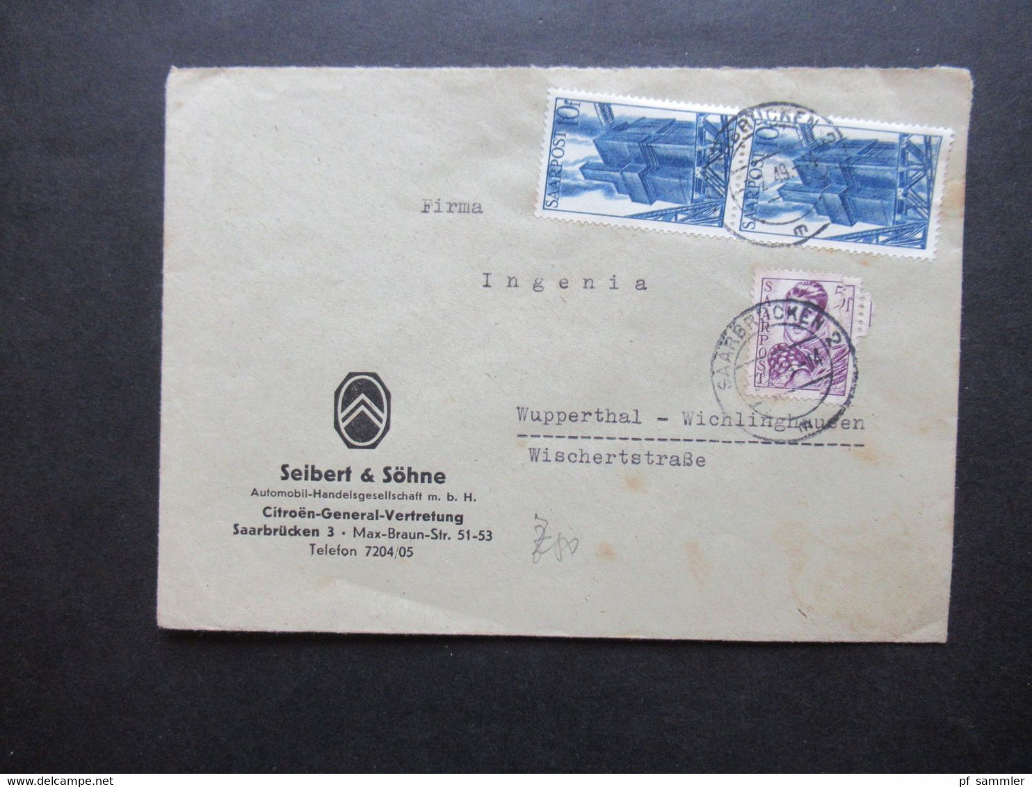 Saarland 1949 Wiederaufbau Des Saarlandes Mi.Nr.245 Und 248 (2) MiF Firmenbrief Seibert & Söhne Citroen Vertretung - Covers & Documents