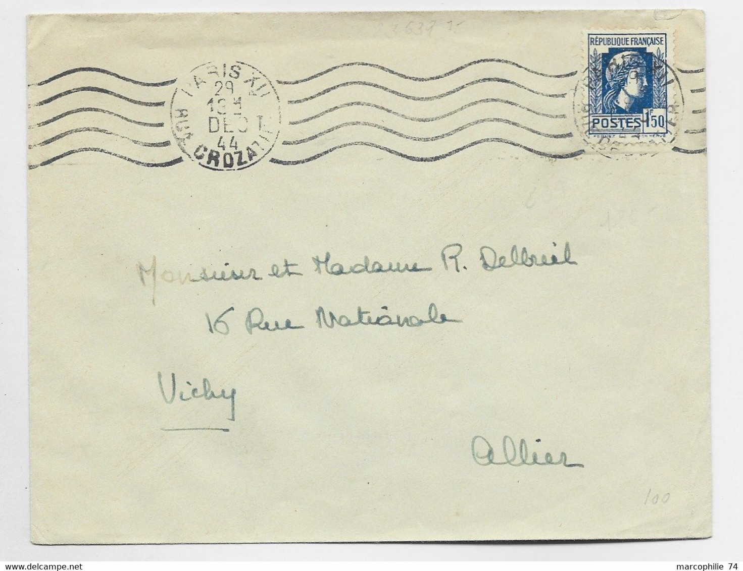 FRANCE N° 639 SEUL LETTRE MEC PARIS XII 28 DEC 1944 AU TARIF - 1944 Coq Et Marianne D'Alger