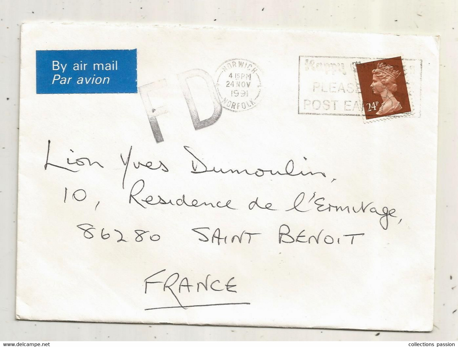 Lettre , GRANDE BRETAGNE, NORWICH, NORFOLK, 1991, FD ( Fausse Direction) , SAINT BENOIT DU SAULT, INDRE - Marcophilie