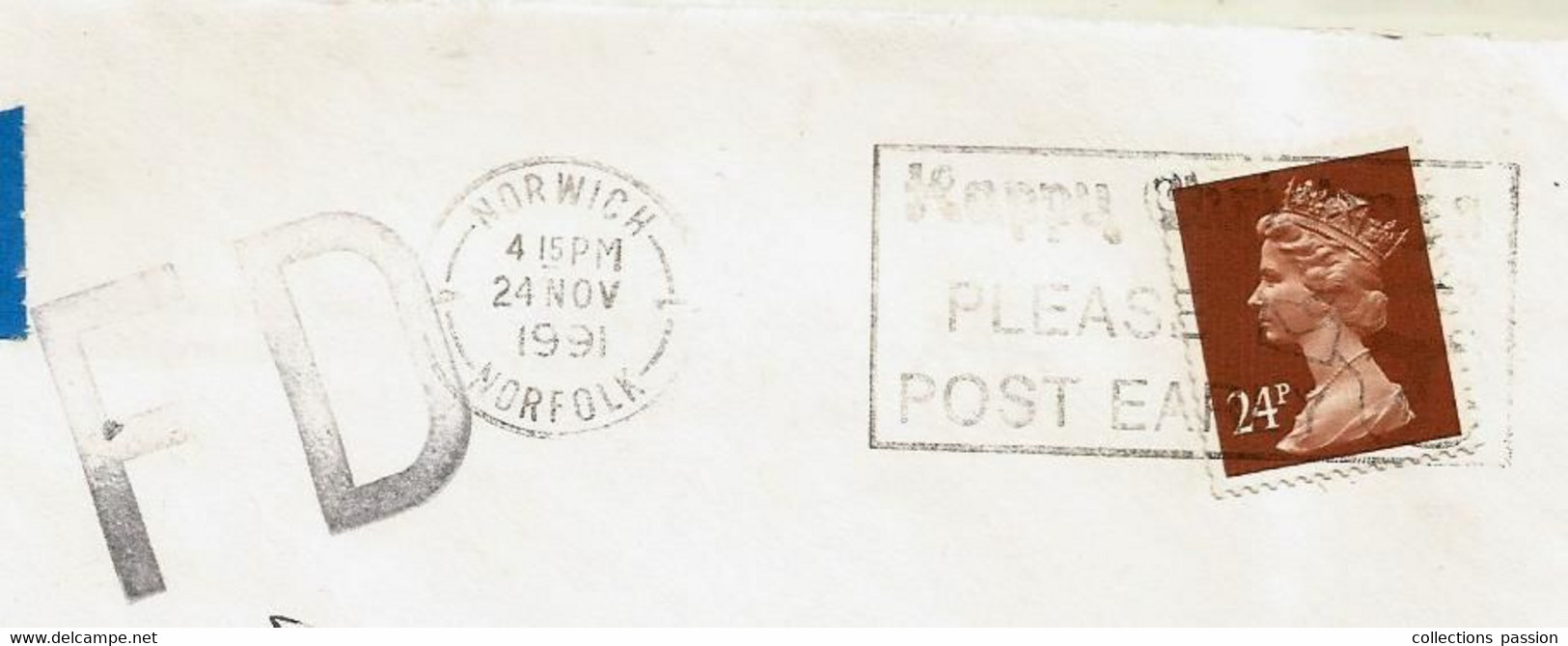 Lettre , GRANDE BRETAGNE, NORWICH, NORFOLK, 1991, FD ( Fausse Direction) , SAINT BENOIT DU SAULT, INDRE - Storia Postale