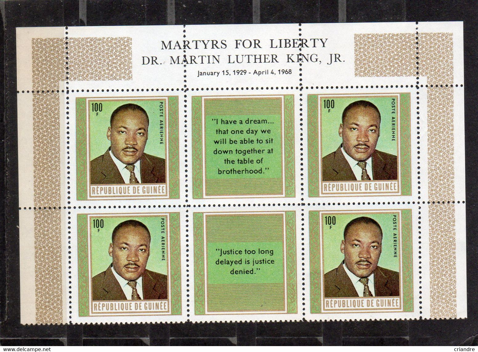 Guinée :Dr Martin Luther King Martyrs République Lot De 8 Timbres PA N°89** Vignette Centrale En Français Et En Anglais - Martin Luther King