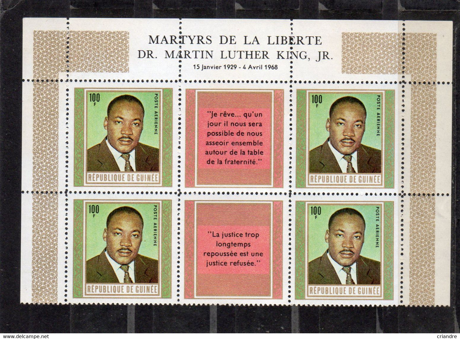 Guinée :Dr Martin Luther King Martyrs République Lot De 8 Timbres PA N°89** Vignette Centrale En Français Et En Anglais - Martin Luther King