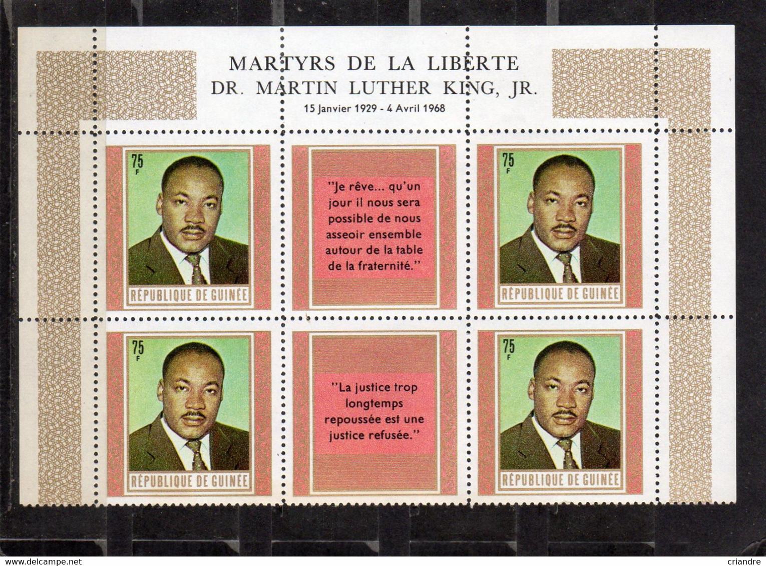 Guinée: Dr Martin Luther King Martyrs République  Lot De 8 Timbres N°371**avec Vignette Centrale En Français Et Anglais - Martin Luther King