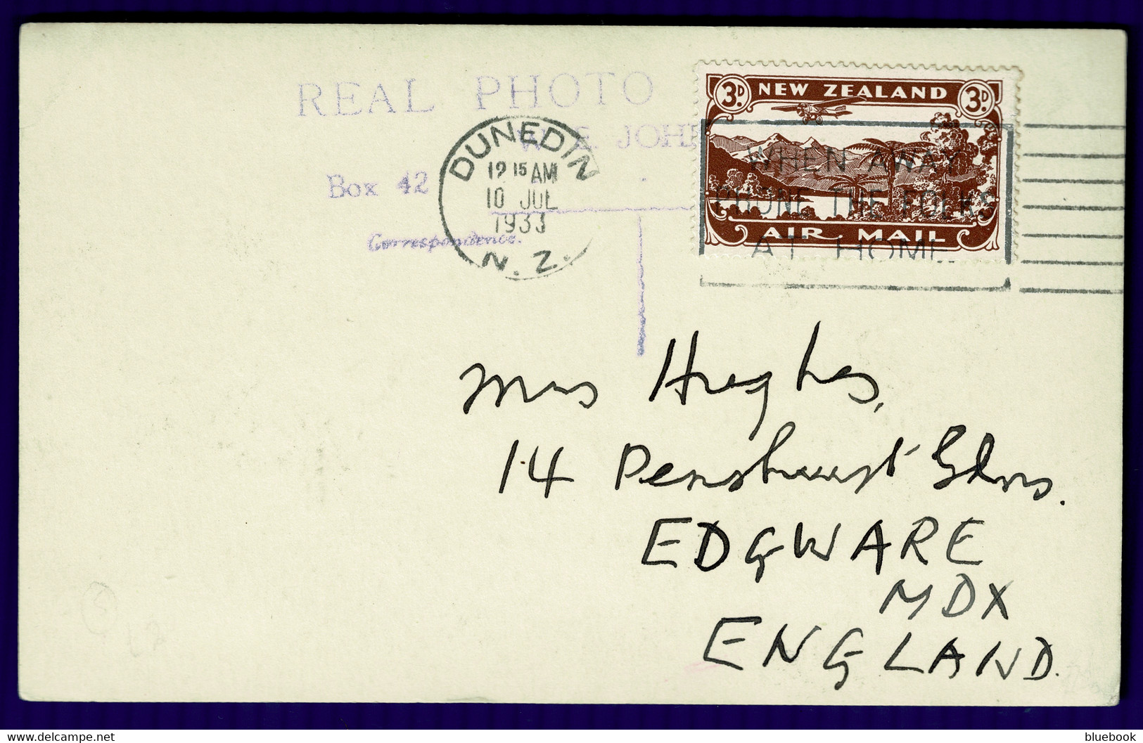 Ref 1586 -  1933 RP Postcard Lake Wanaka Pembroke - New Zealand Scenery 3d Rate To Edgware - Briefe U. Dokumente