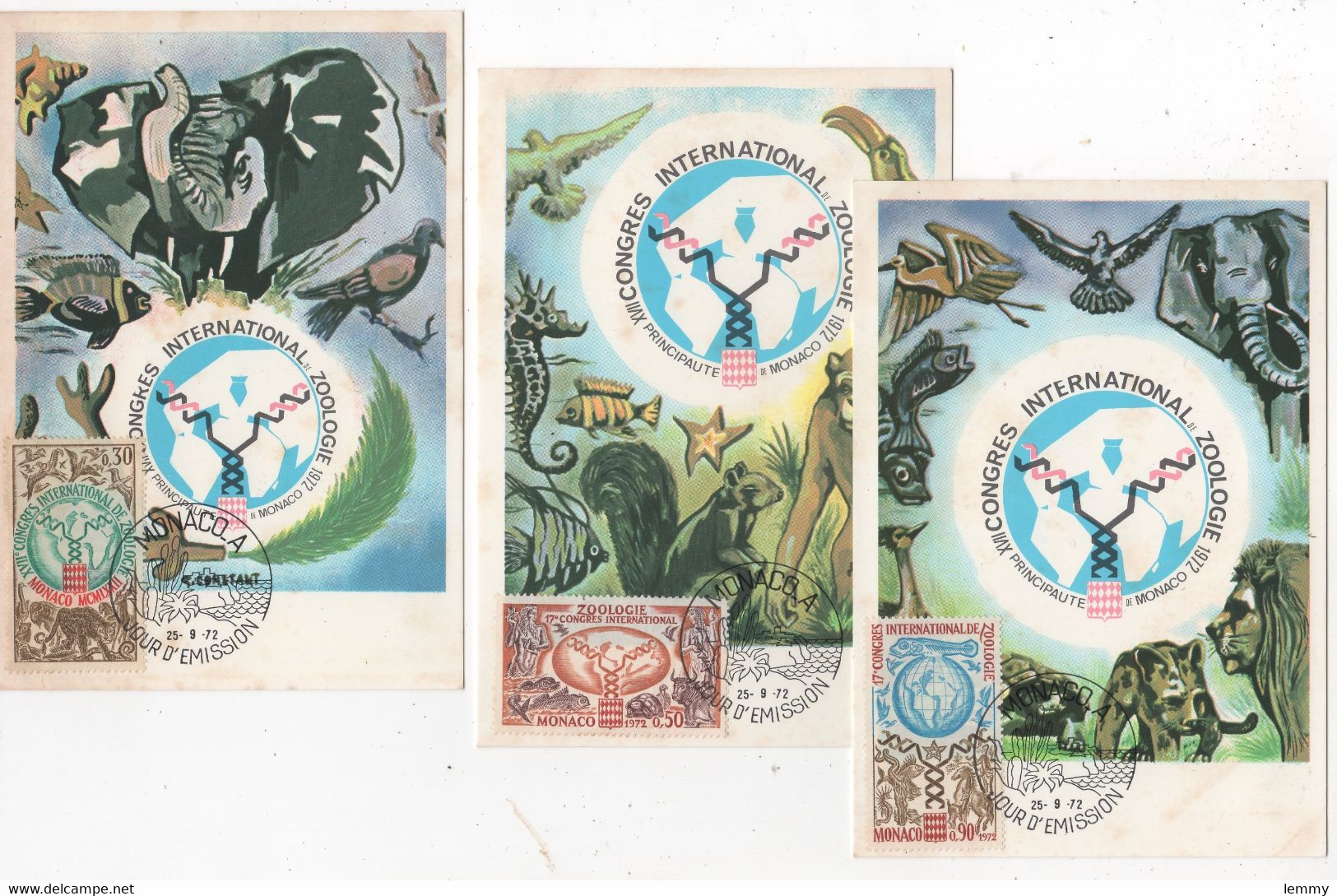 MONACO - CONGRÈS INTERNATIONAL DE ZOOLOGIE - LOT DE 3 CARTES MAXIMUM 1972 - - Colecciones & Lotes