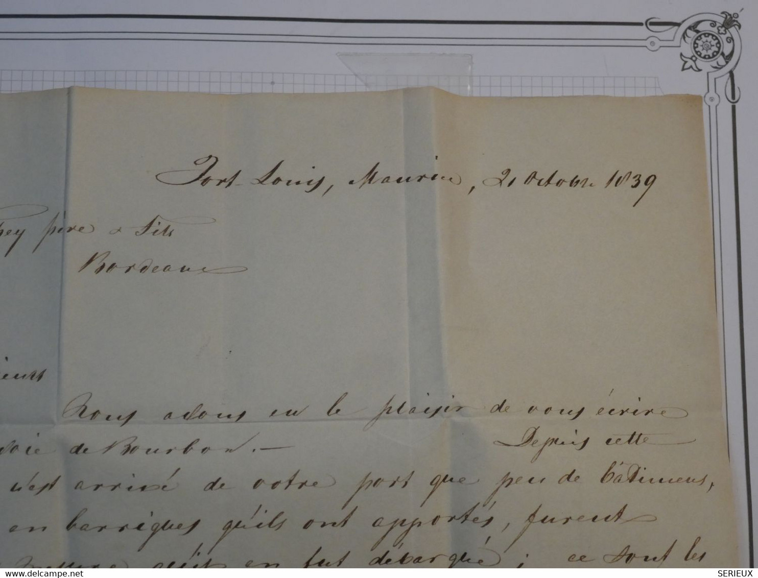 BK18 ILE MAURICE BELLE  LETTRE  RR 1839 PORT LOUIS  A  BORDEAUX FRANCE  ++ AFFRANCH. INTERESSANT++ - Otros & Sin Clasificación