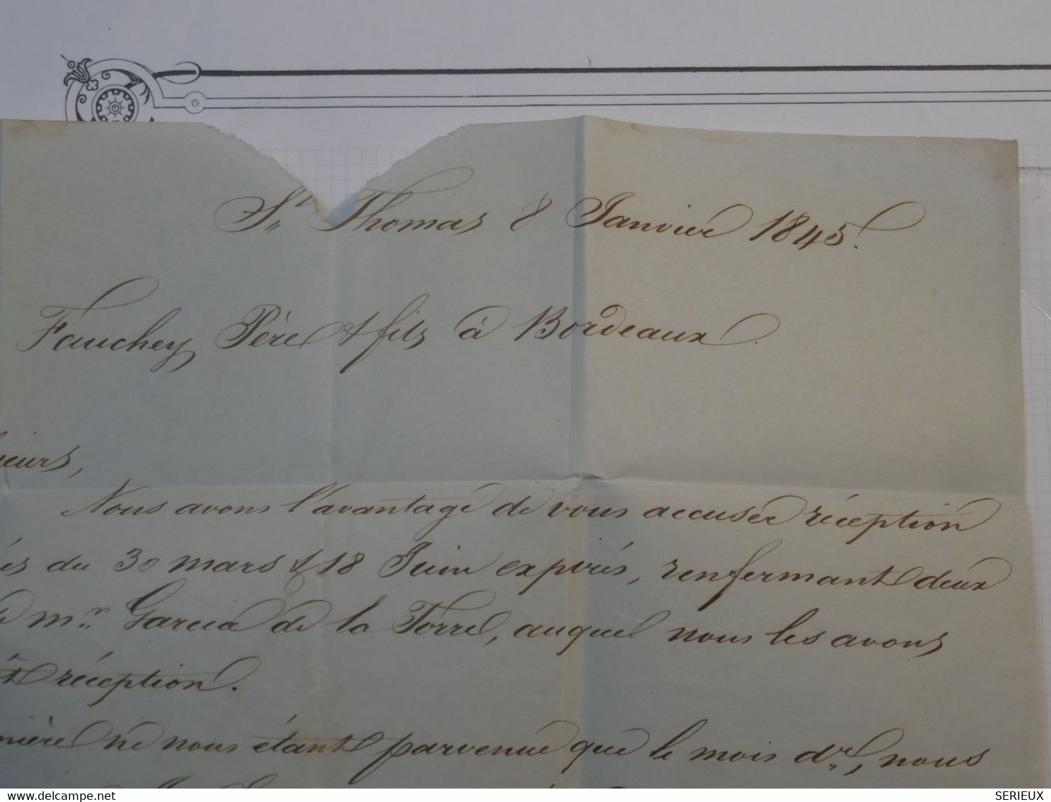 BK18 ST THOMAS   BELLE  LETTRE  RR 1845  OUTREMER  A  BORDEAUX FRANCE ENTREE PAR PAUILLAC ++ ++ AFFRANCH. INTERESSANT++ - Unclassified