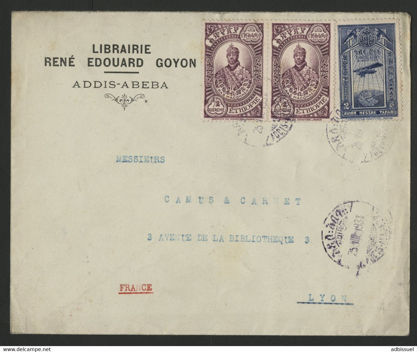 ETHIOPIE N° 201 (x2) + Poste Aérienne N° 12 D'ADDIS ABEBA En 1931 Pour Lyon Voir Description - Ethiopia
