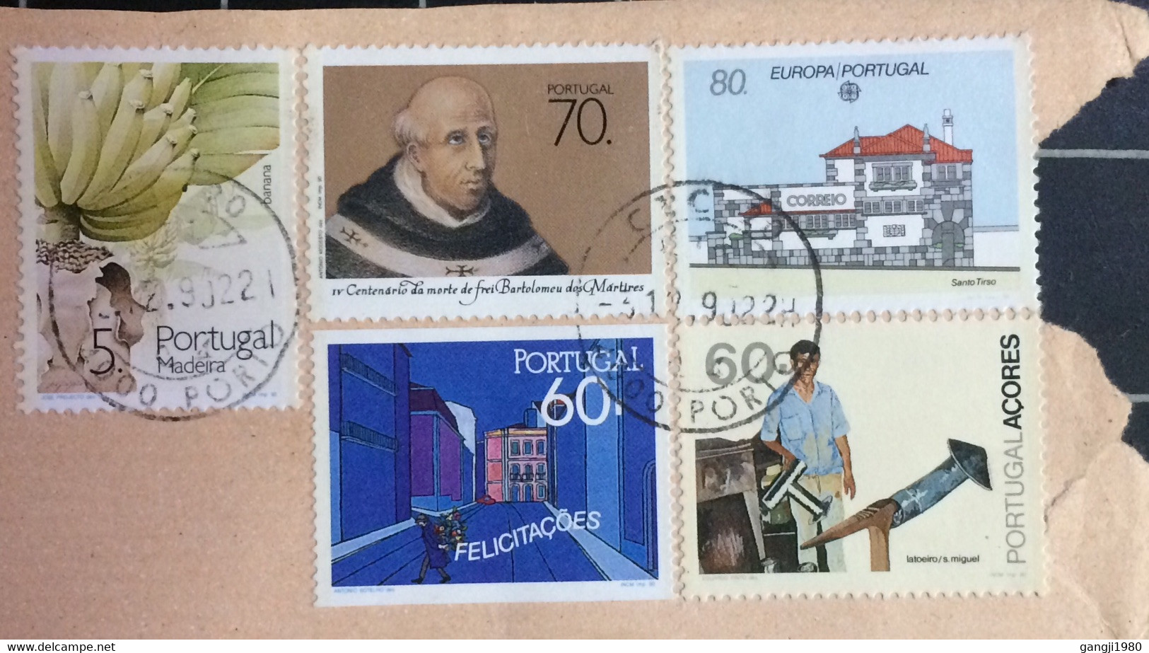 PORTUGAL MADEIRA AZORES 1990, USED FRONT ONLY, BANANA, TINSMITH ,EUROPA, FELICITACOES, BARTOLOWEO, PORTO CITY CANCEL - Storia Postale