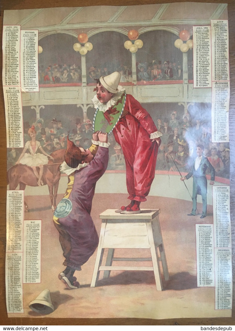 Calendrier Chromo Grand Format 25cm X36 Cm 1894 Cirque Clown - Formato Grande : ...-1900