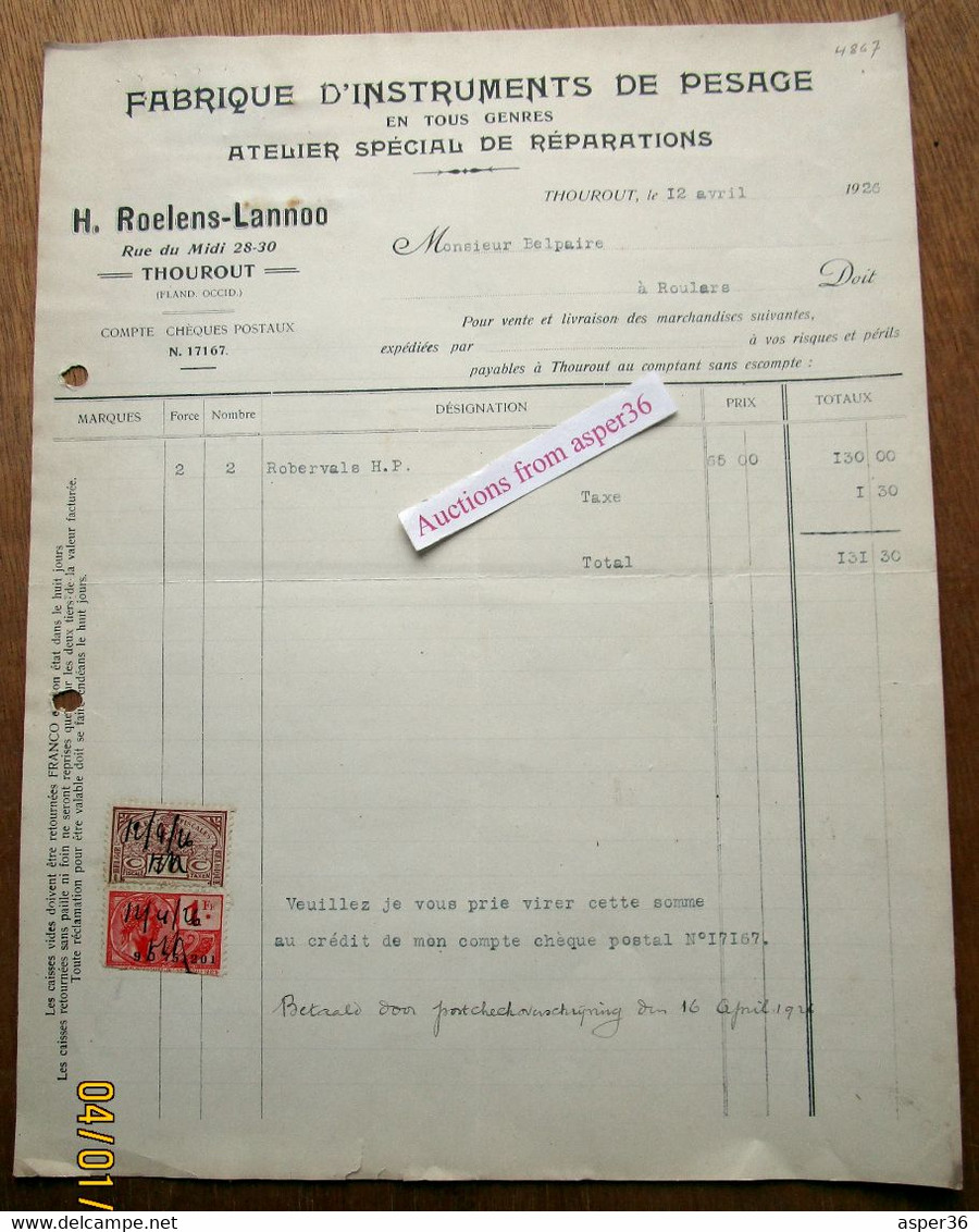 Fabrique D'Instruments De Pesage, H. Roelens-Lannoo, Rue Du Midi, Torhout 1926 - 1900 – 1949