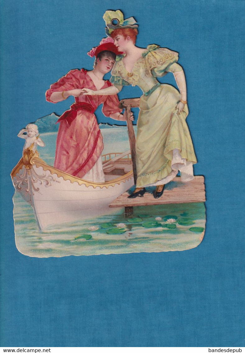 Superbe Chromo Decoupis Carton Gaufré Brillant  Deux Jeunes Femmes Promenade Barque En Très Bel état 16 X 20 Cm - Enfants