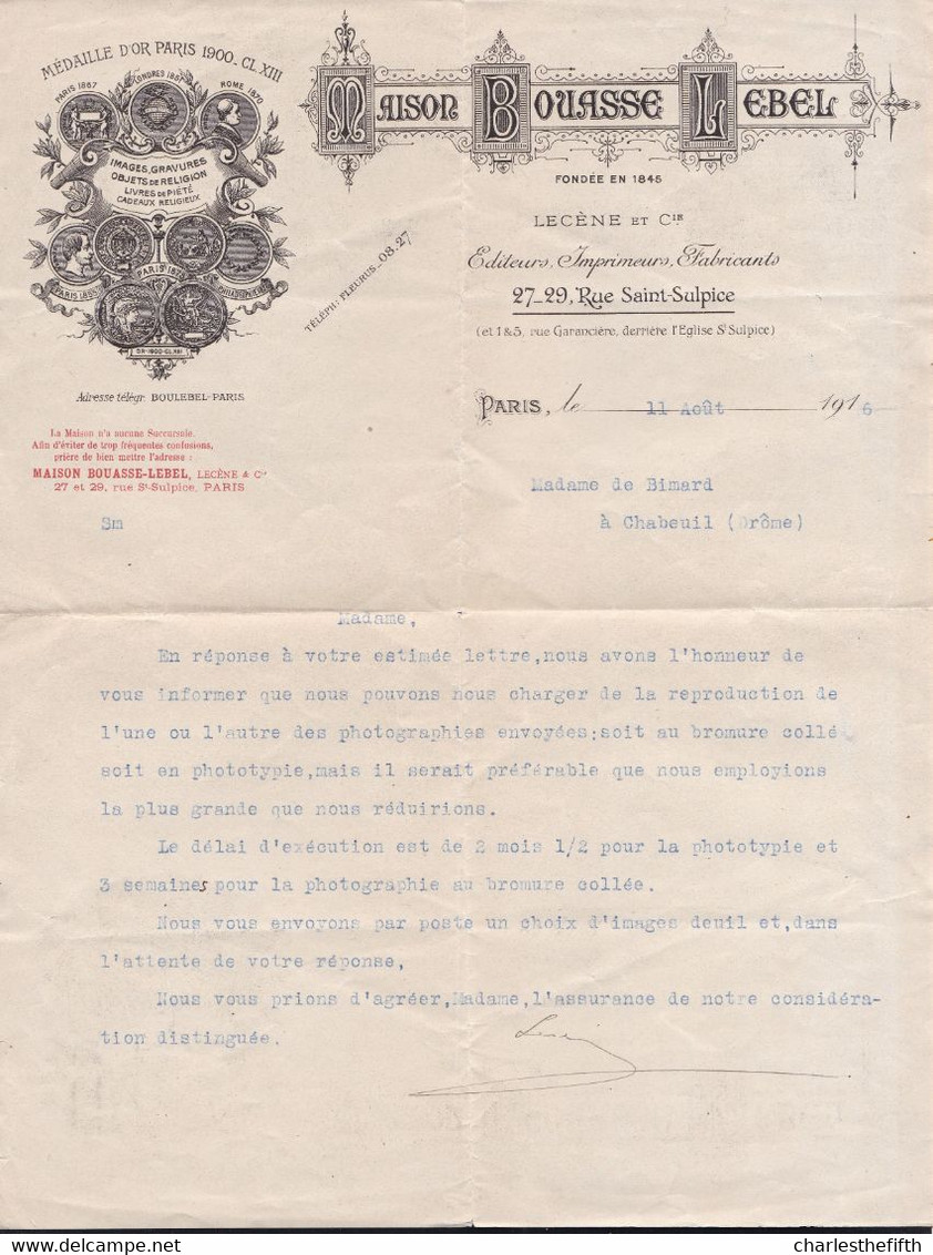 SUPERBE LETTRE * MAISON BOUASSE LEBEL à PARIS 1916 - EDITEURS IMPRIMEURS - - Imprimerie & Papeterie