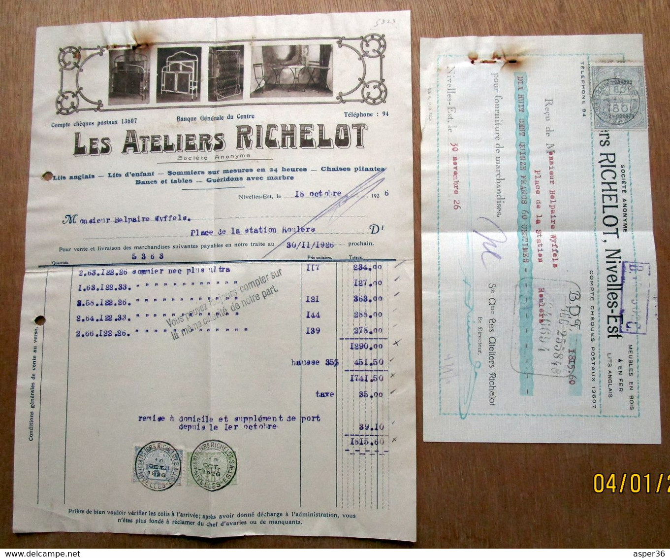 2 Papiers "Les Ateliers Richelot, Lits Anglais, Chaises Pliantes, Nivelles-Est 1926" - 1900 – 1949