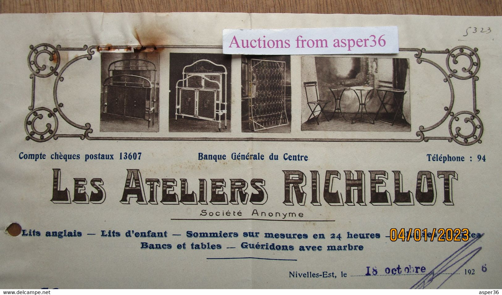 2 Papiers "Les Ateliers Richelot, Lits Anglais, Chaises Pliantes, Nivelles-Est 1926" - 1900 – 1949