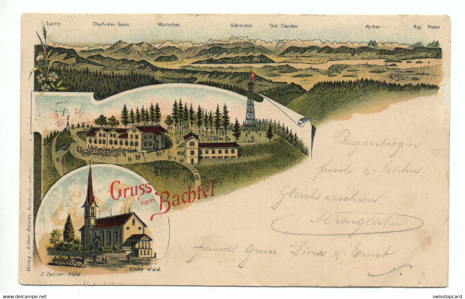 WALD Litho Gruss Vom BACHTEL E. Oetiker Wald Gel. 1902 N. Wald Stempel Bachtel Hinwil - Hinwil