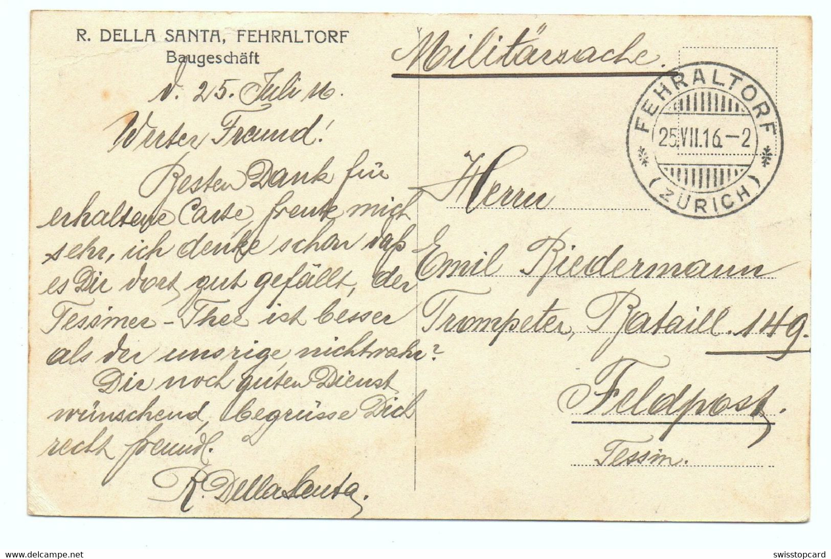 FEHRALTORF Baugeschäft R. Della Santa Gel. 1916 Feldpost - Fehraltorf