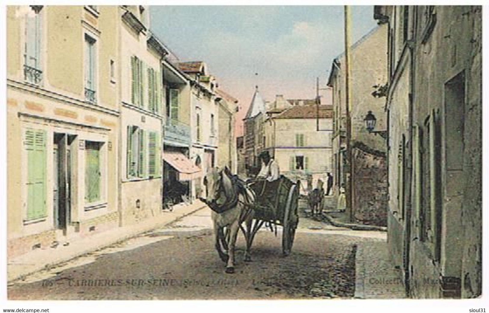 78. CPA 1919.CARRIERES - SUR- SEINE..ATTELAGE CHEVAL....COLORISEE     TBE - Carrières-sur-Seine