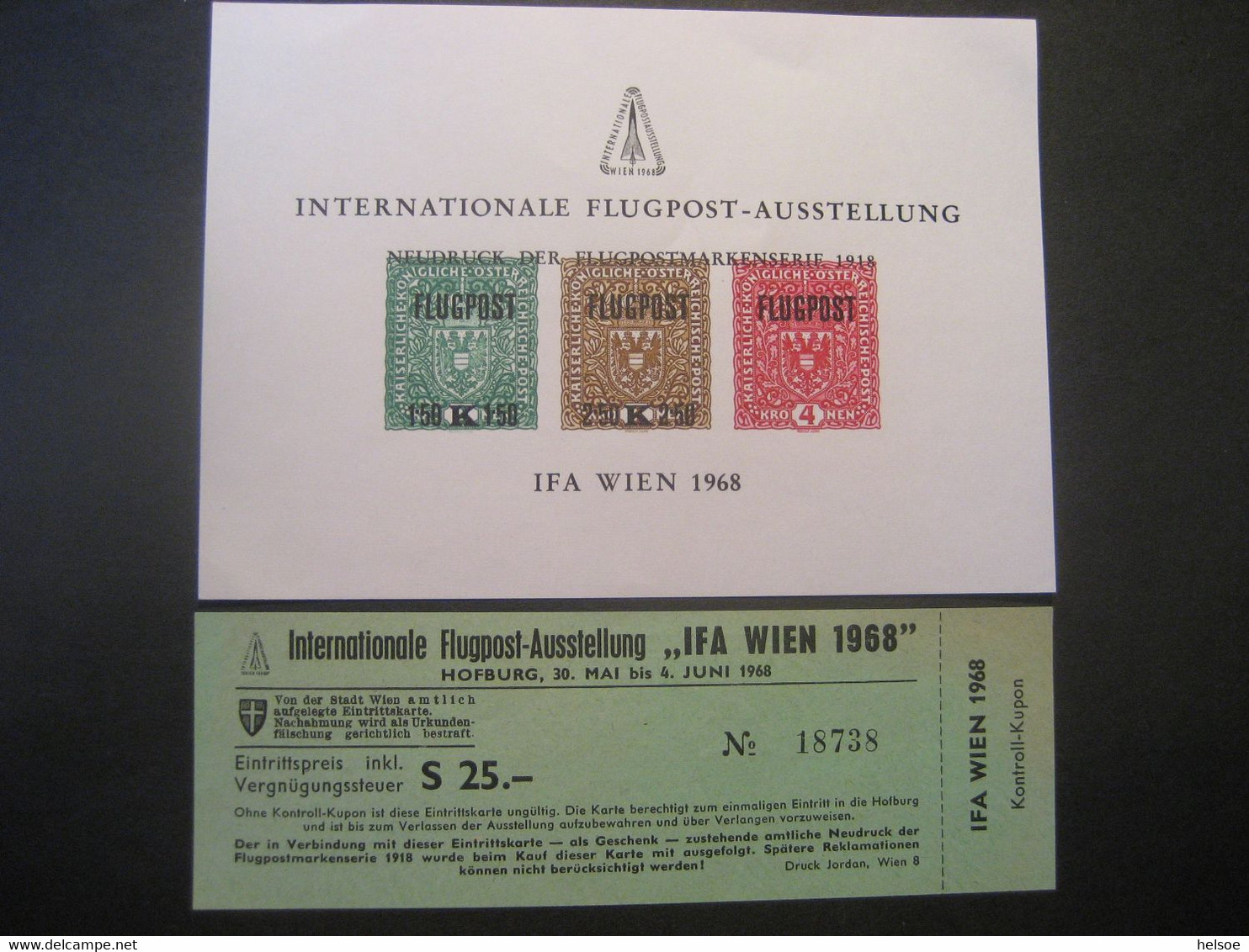 Österreich 1968- Internationale Flugpost-Ausstellung, IFA Wien Neudruckblock, Unbenutzte Eintrittskarte, ANK N7 - Prove & Ristampe