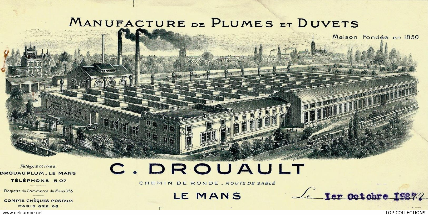 1927 SUPERBE ENTETE MANUFACTURE PLUMES ET DUVETS Le Mans Sarthe C.DROUAULT Pour Anzin Nord Doluiez Musy B.E. - 1900 – 1949