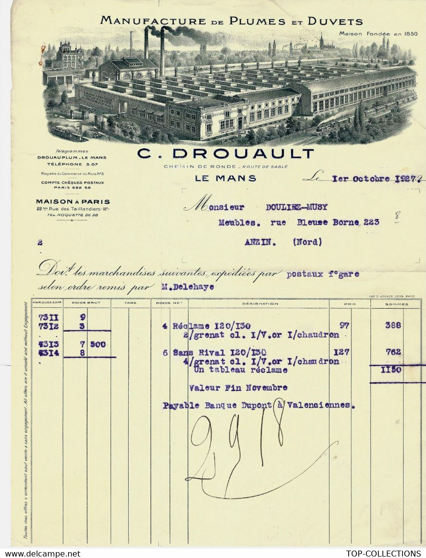 1927 SUPERBE ENTETE MANUFACTURE PLUMES ET DUVETS Le Mans Sarthe C.DROUAULT Pour Anzin Nord Doluiez Musy B.E. - 1900 – 1949