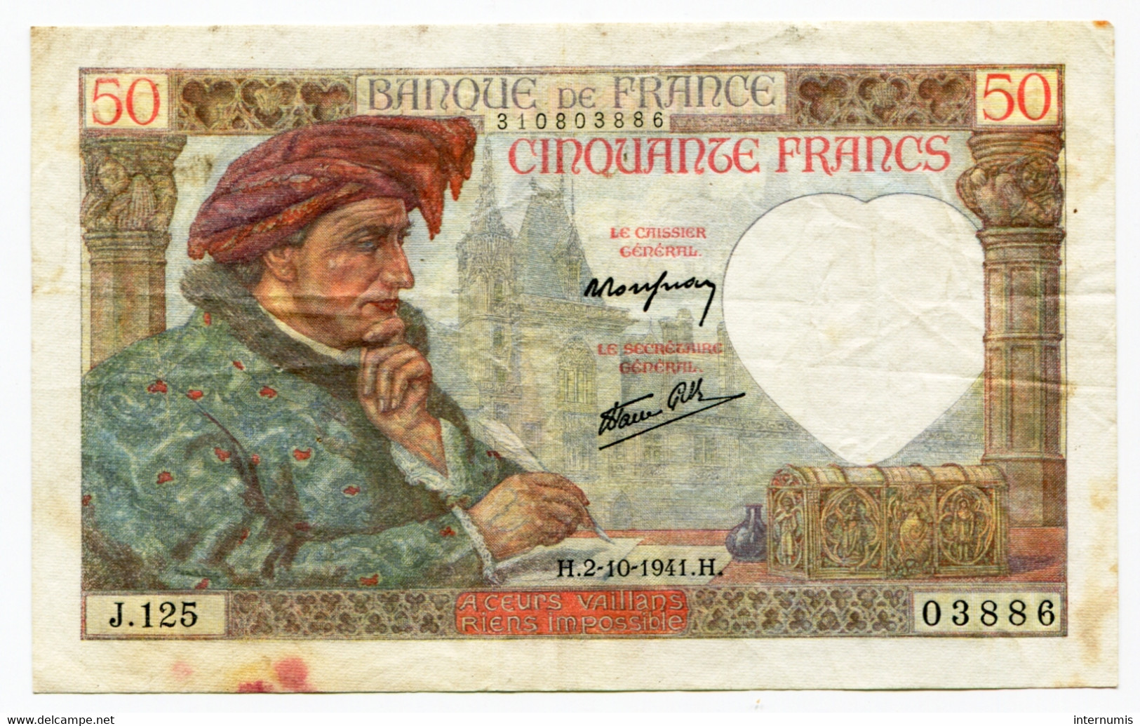 France, 50 Francs, JACQUES CŒUR, 2-10-1941, N° : J.125-03886, TB (F), F.19.15 - 50 F 1940-1942 ''Jacques Coeur''